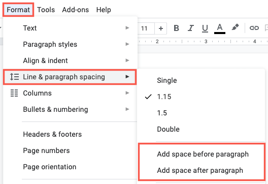 Опции расстояния между абзацами в Google Docs
