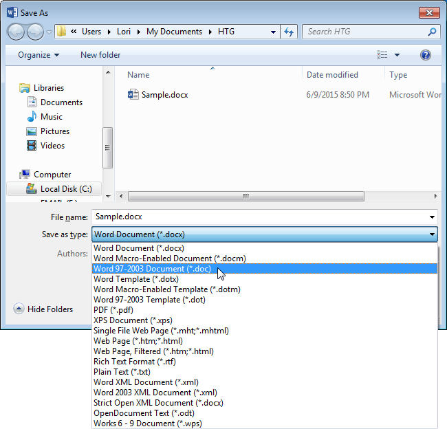 Выбор формата Word 97-2003 (.doc) в списке Тип файла