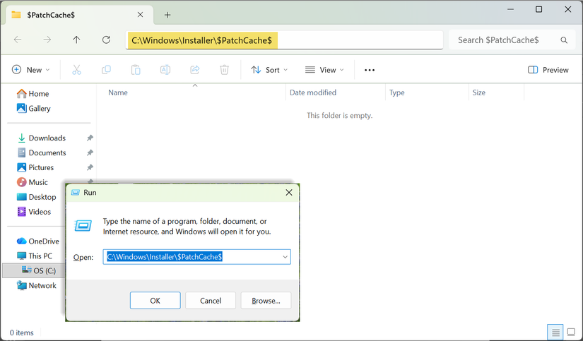 Скрытая папка PatchCache в проводнике Windows.