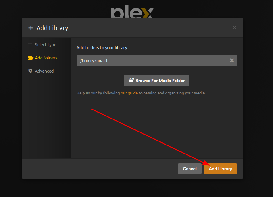 A Plex web UI webpage displaying the directories added for your library on the Plex server