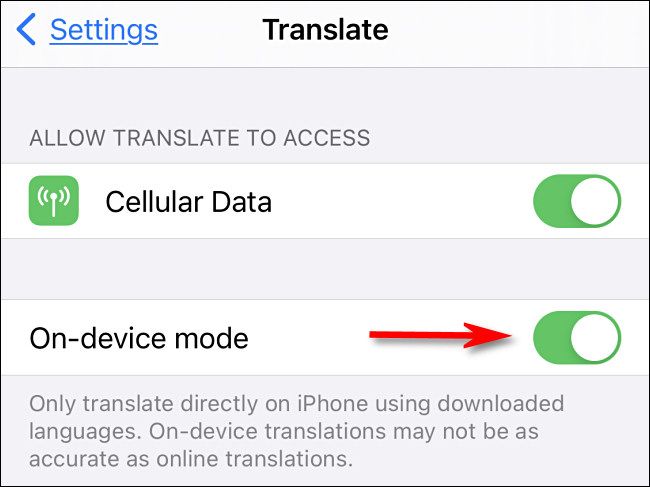 In Translation settings on iPhone, tap