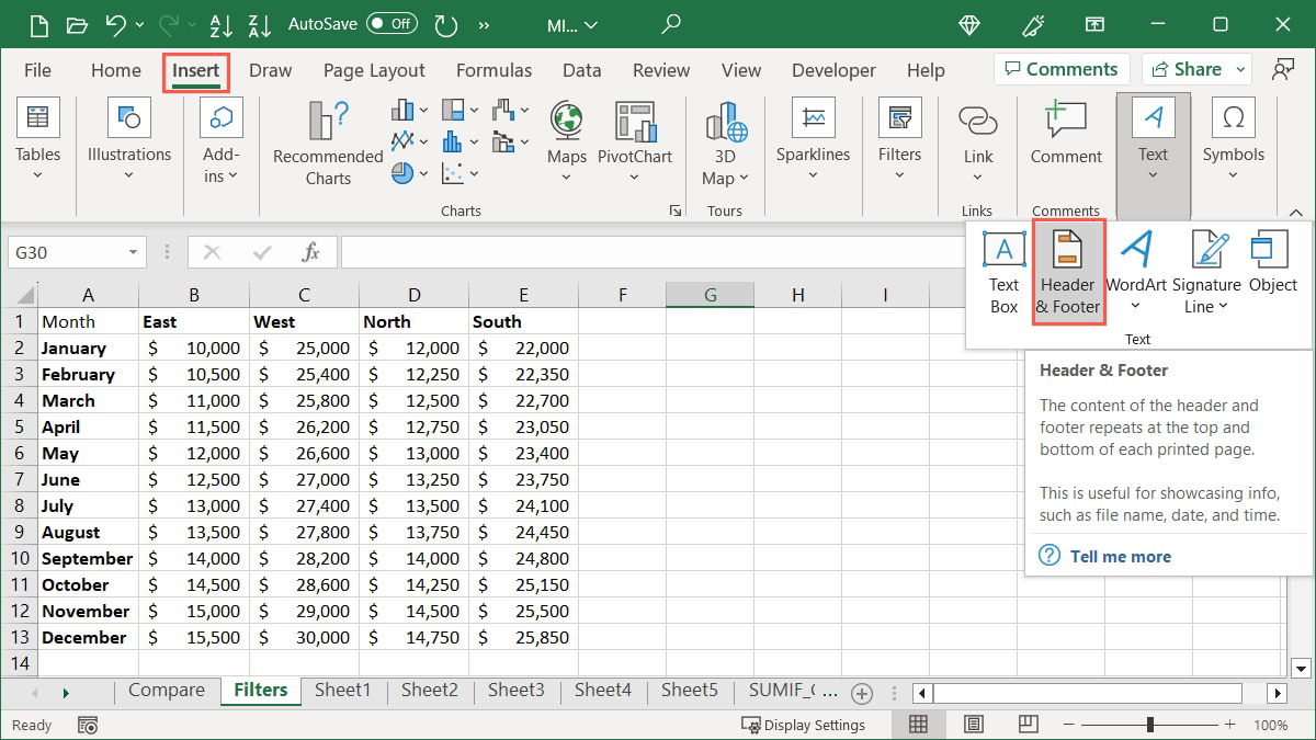 Header and Footer on the Insert tab in Excel