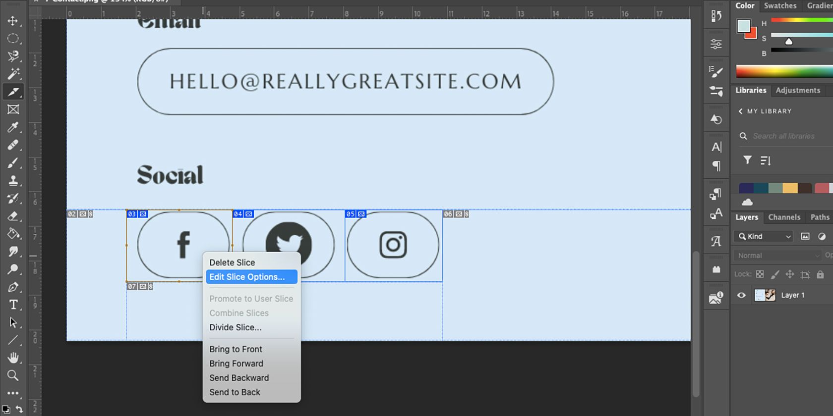 Sliced areas in Photoshop tool with Slice menu open.