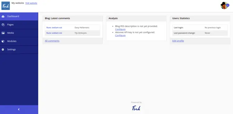 Панель управления Fork CMS после входа