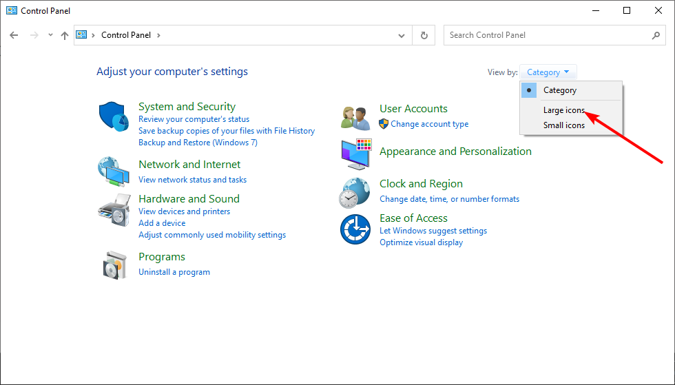 Параметр отображения крупные значки в панели управления