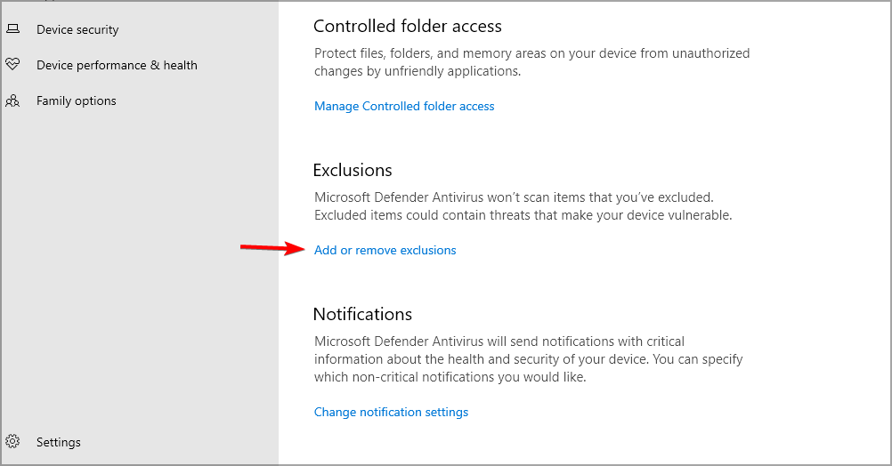 Скриншот страницы исключений Defender