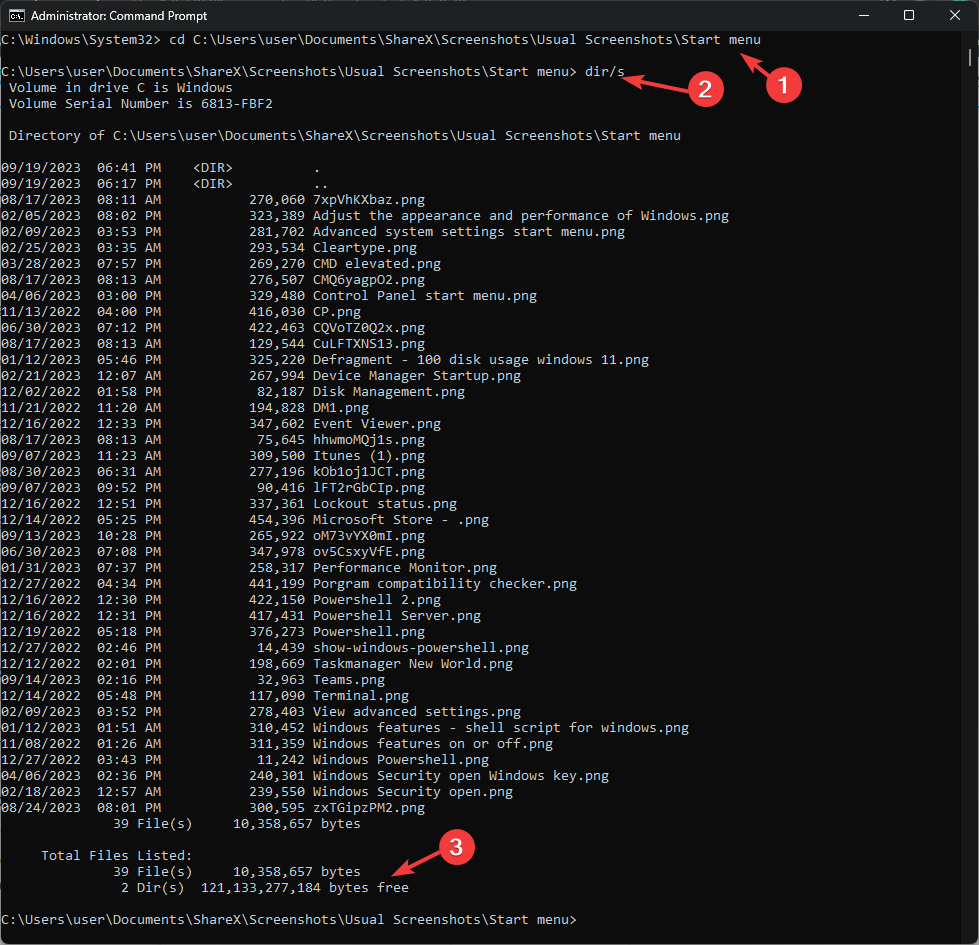 Результат dir /s показывает суммарный размер в байтах