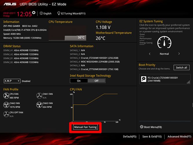 ASUS BIOS의 팬 수동 조정 화면 예시로 각 팬을 식별하는 방법을 보여주는 이미지