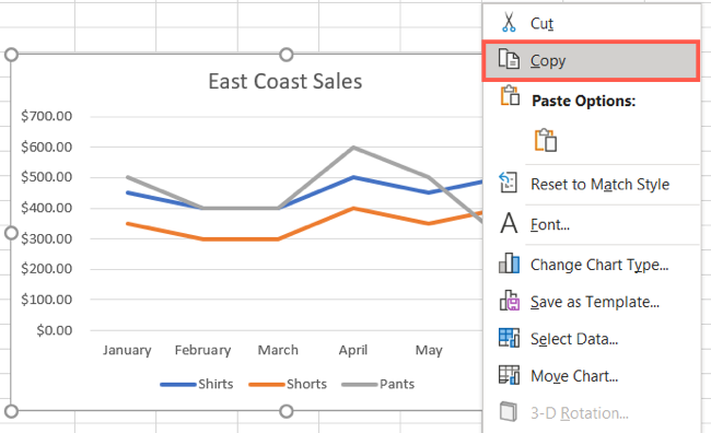 Выделение и копирование графика в Excel