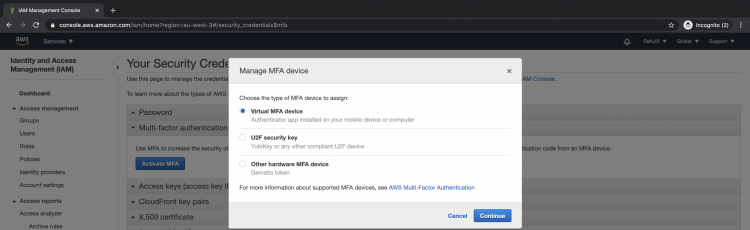 Управление устройствами MFA и кнопка Continue