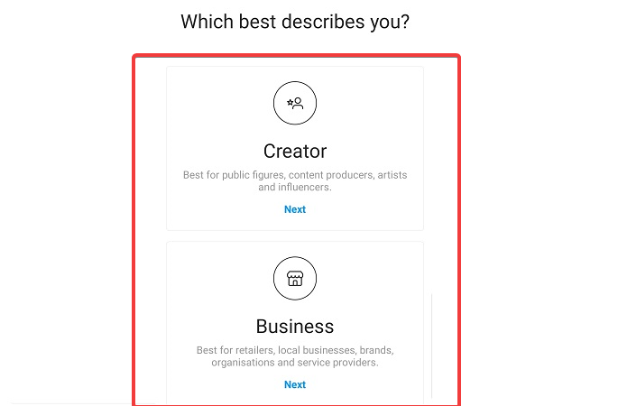 Выбор типа профессионального аккаунта: автор или бизнес