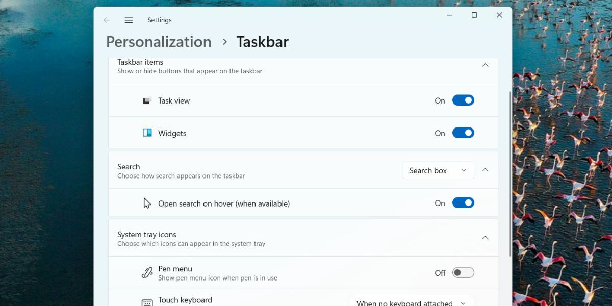 Новые параметры панели задач с опцией поисковой строки