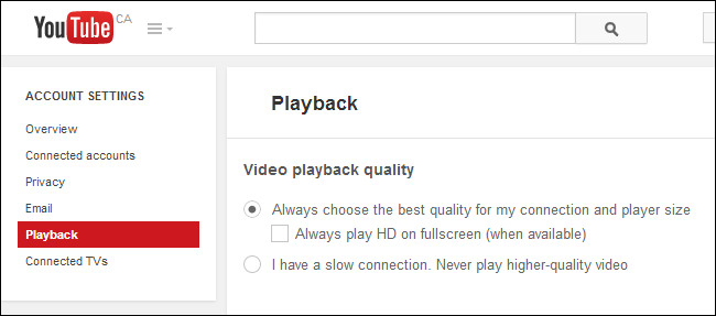 Настройки воспроизведения YouTube: включена опция для медленного соединения