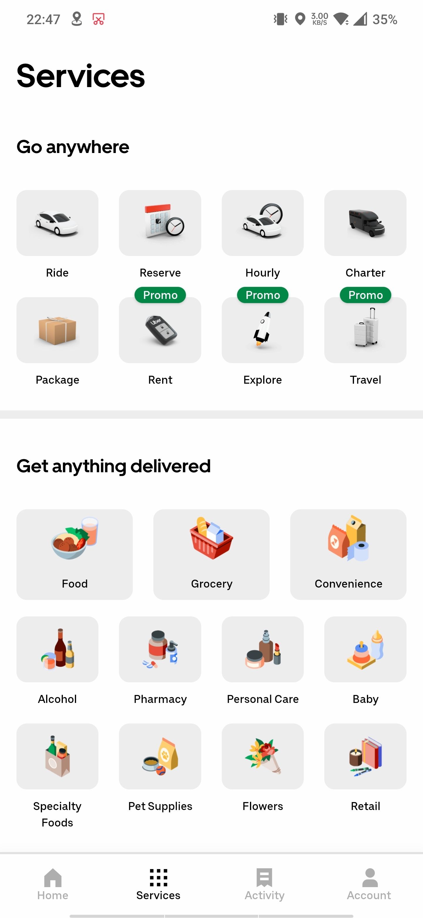 Вкладка Services в приложении Uber с различными опциями