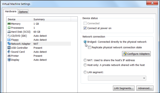 Сетевой адаптер VMware — выбор Bridged для виртуальной машины