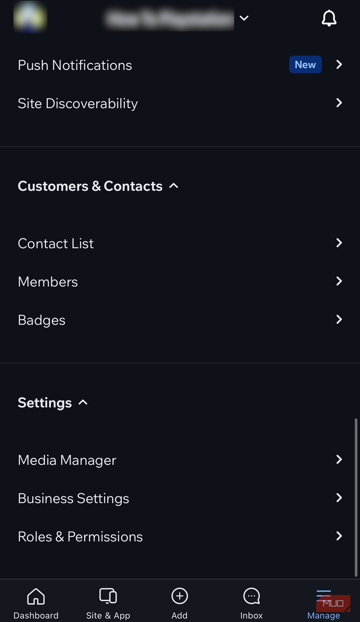 Настройки в приложении Wix Owner