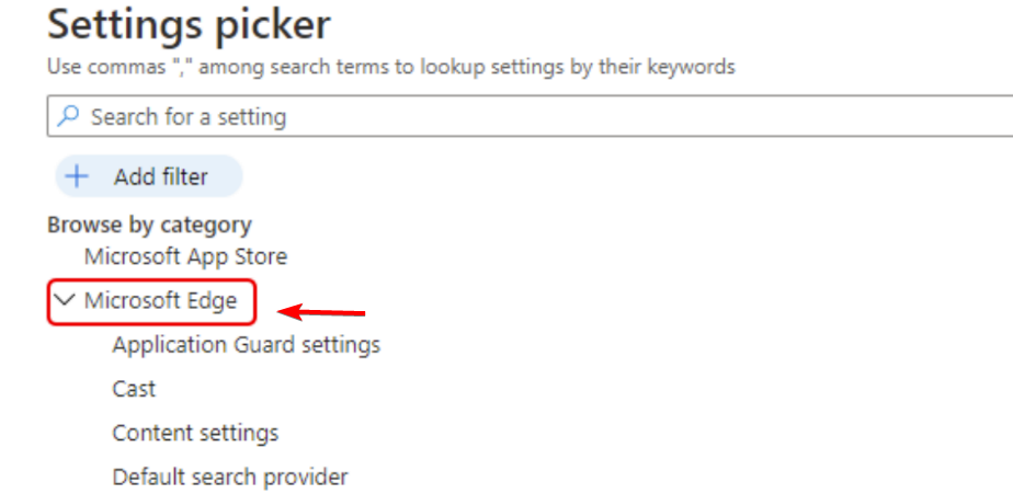Выбор параметров Microsoft Edge в каталоге настроек