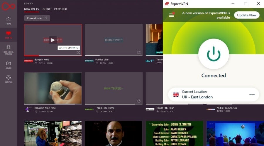 Приложение Virgin TV Go после разблокировки с помощью VPN
