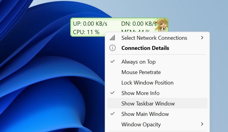 Выберите «Show Taskbar Window», чтобы отобразить скорость интернета на панели задач
