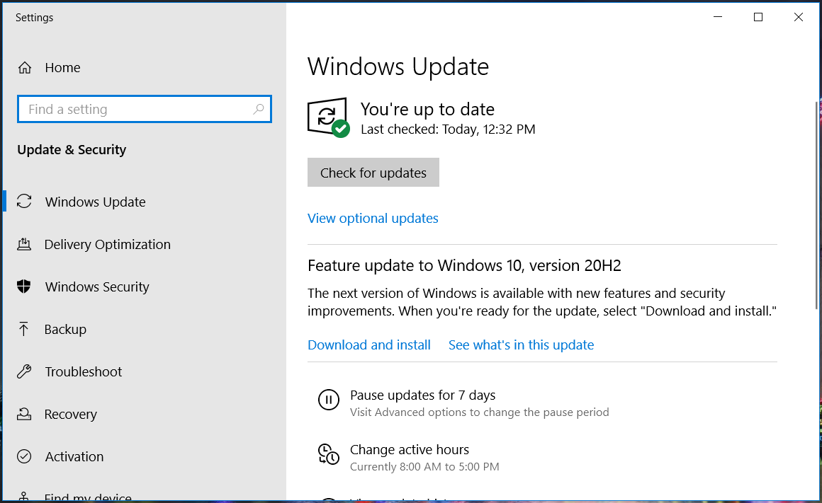Панель обновления Windows: кнопка Проверить наличие обновлений