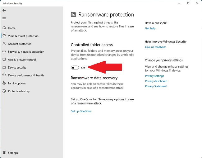 Opzione Controllo accesso cartelle nella protezione ransomware