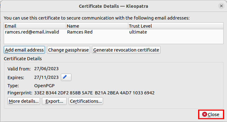 Кнопка Закрыть после генерации сертификата отзыва