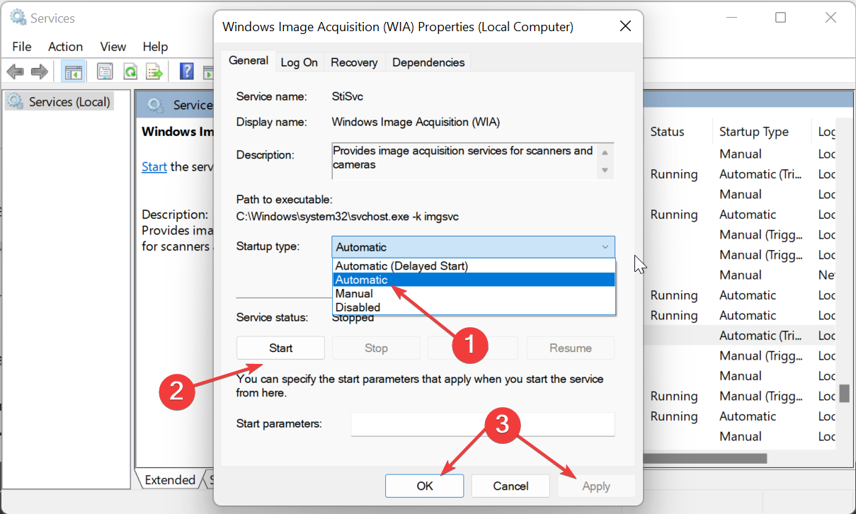 Параметры автозапуска службы WIA