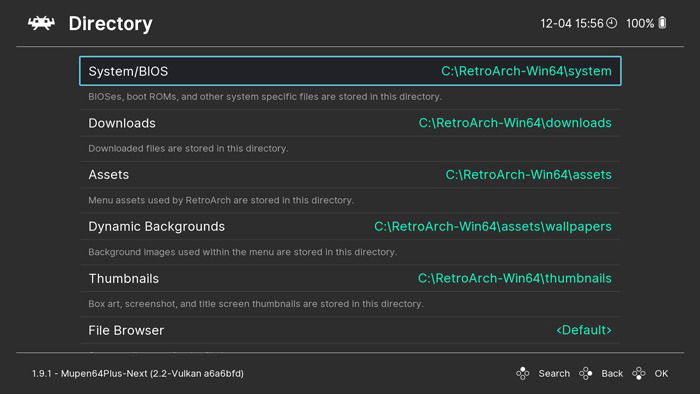 Директория BIOS RetroArch в настройках