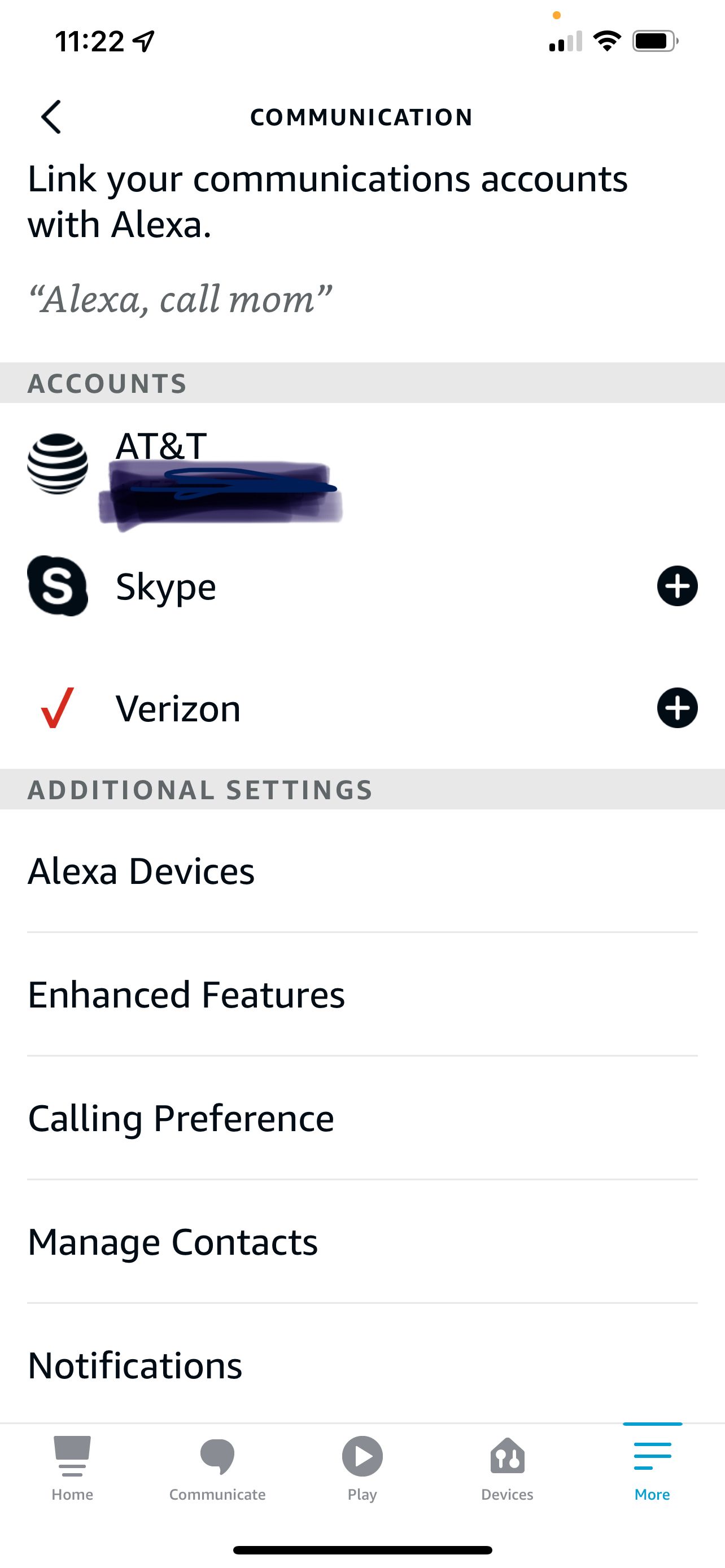 Alexa app communications menu with Enhanced Features item