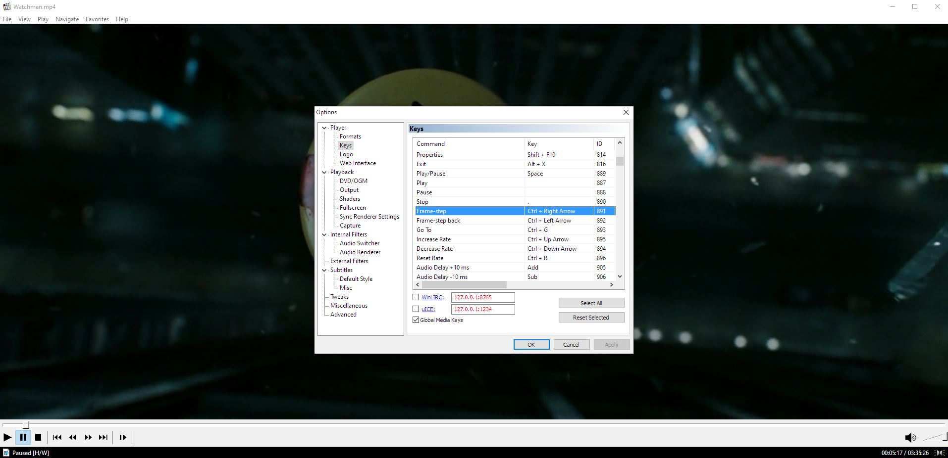 Настройка клавиш MPC HC