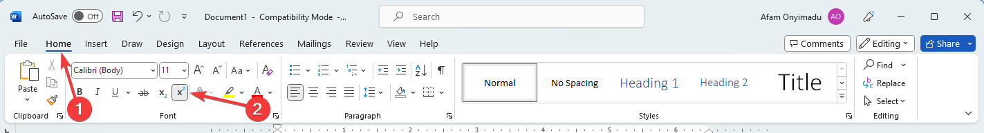 Значок надстрочного текста в Word