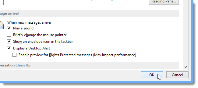 Закрытие окна параметров Outlook