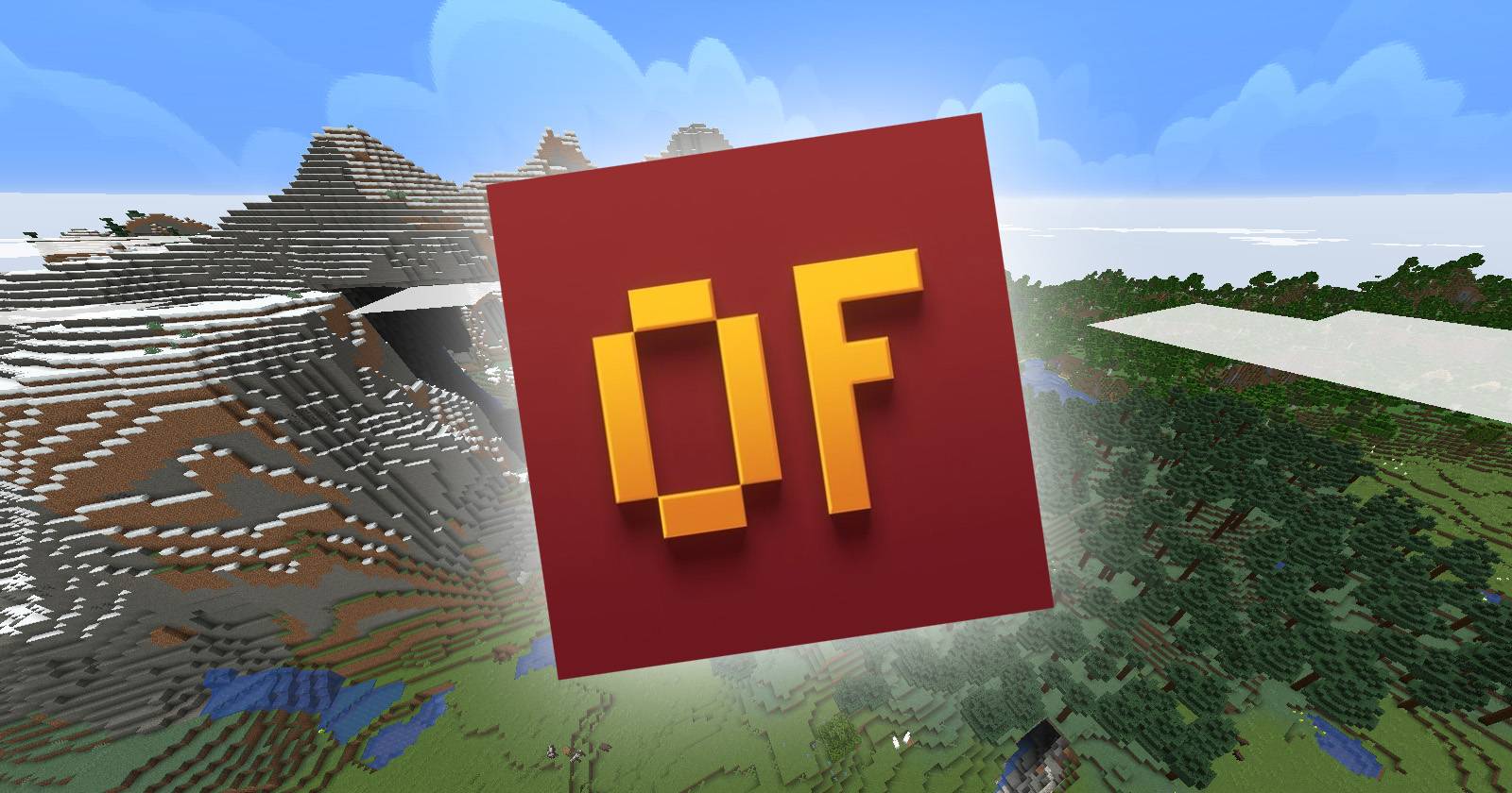 Логотип OptiFine на фоне скриншота Minecraft