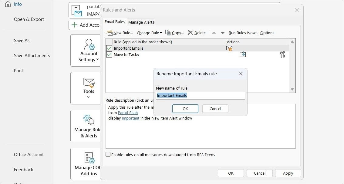 Переименование правила Outlook