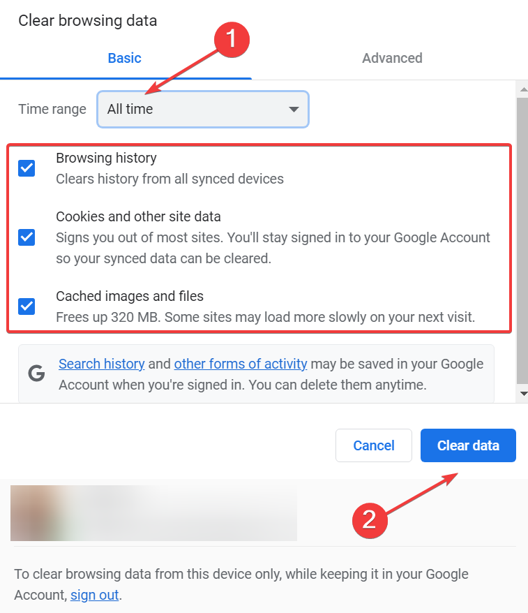 Изображение: окно очистки данных в браузере с выделенными опциями