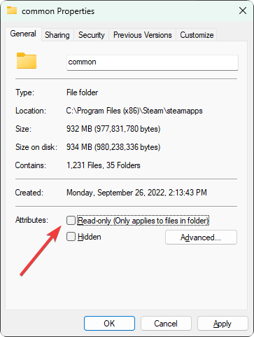 снятие флажка только для чтения у папки