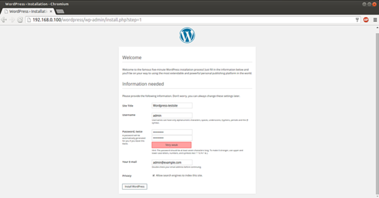 Экран далее при установке WordPress