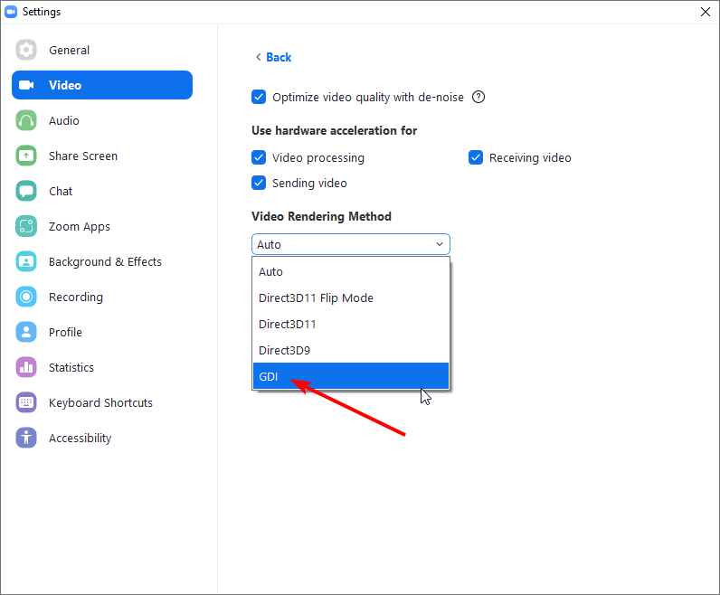 Выбор метода рендеринга видео — GDI
