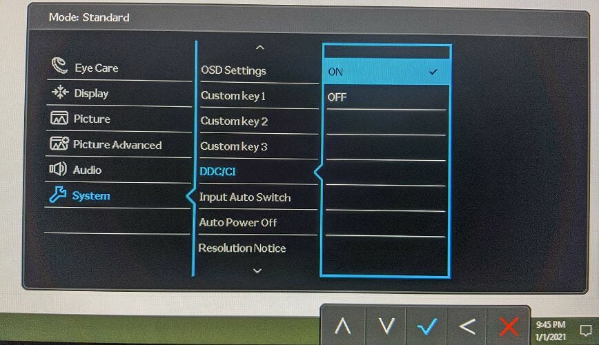 Открытое меню монитора с опцией DDC/CI — включить