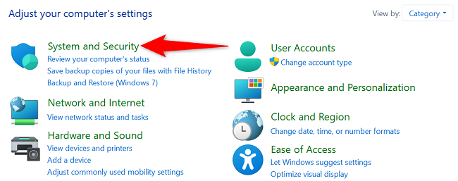 Раздел «Система и безопасность» в Панели управления Windows.