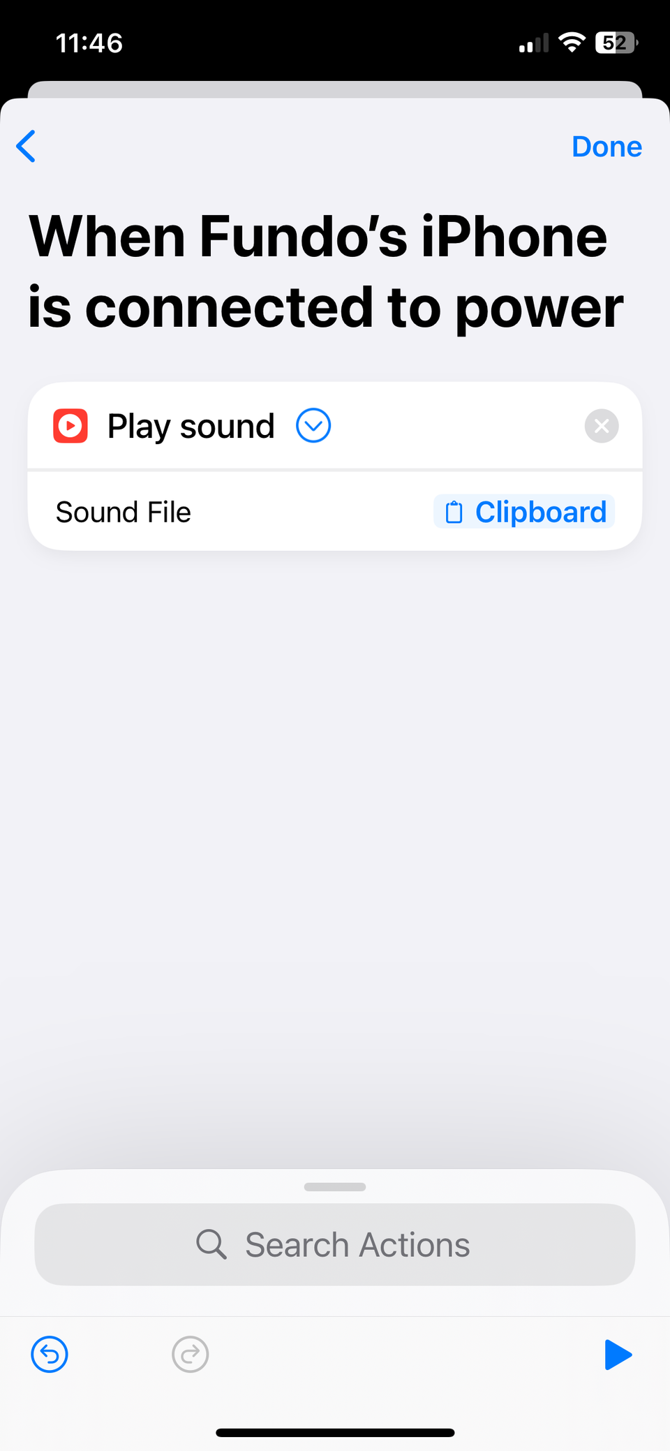 Завершённое действие Play Sound в приложении «Быстрые команды» на iPhone