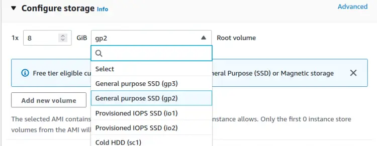 Конфигурация хранилища: размер и тип тома