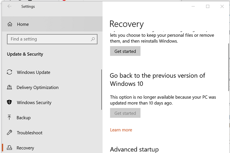 Скриншот: параметры восстановления Windows и откат к предыдущей версии
