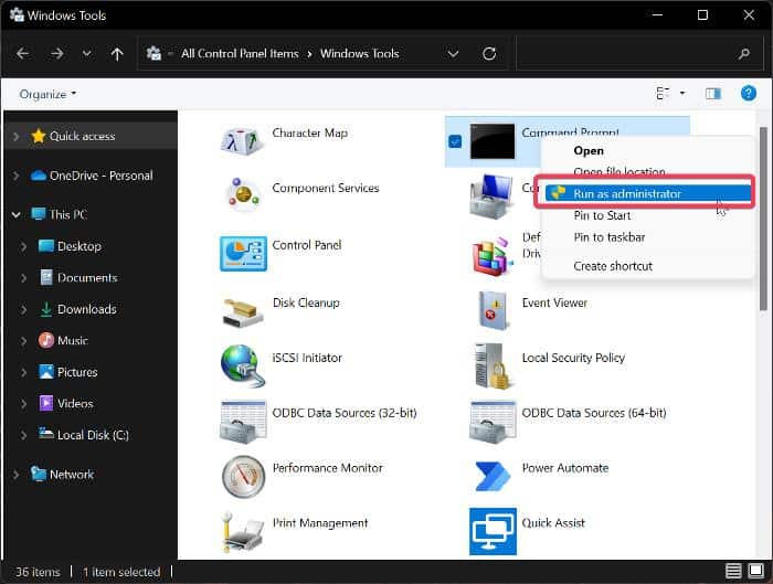 Opción Ejecutar como administrador en Herramientas de Windows