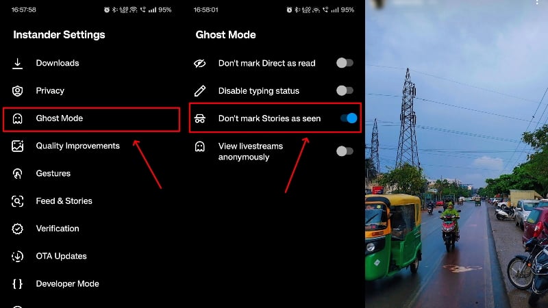 Instander: переключатель Ghost Mode — не отмечать просмотр историй