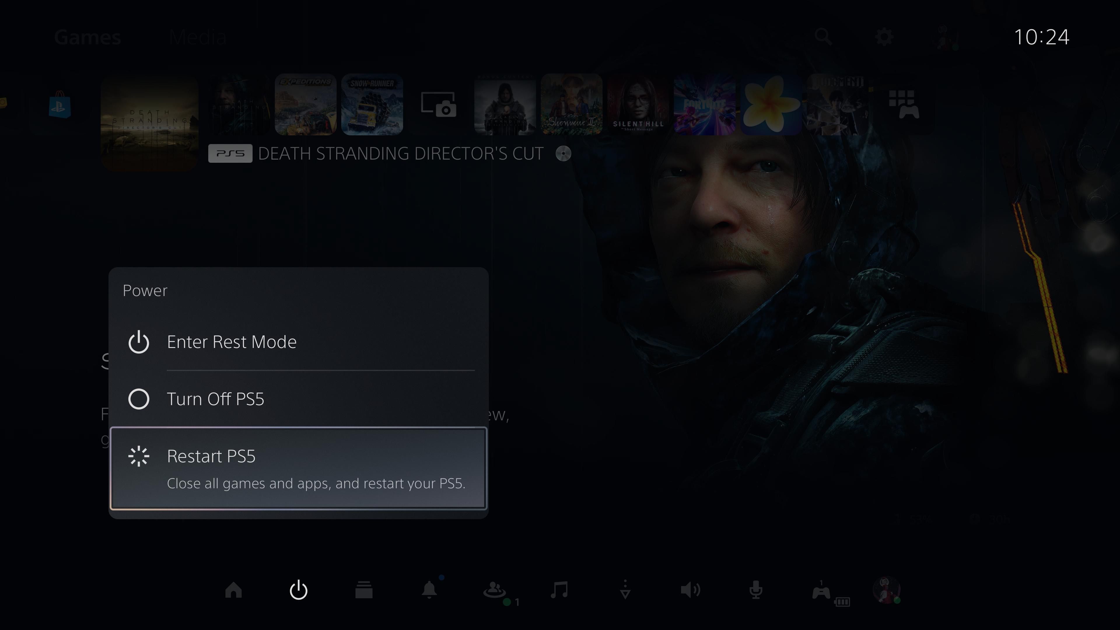 Restart a PS5 console using the Power options in the Control Center.