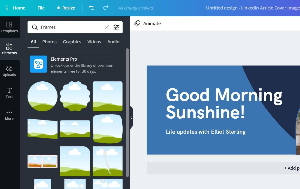 Добавление рамок из раздела 'Элементы' в Canva