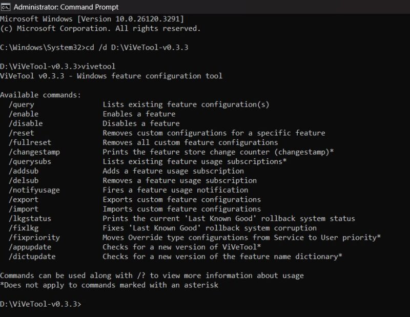 Список команд ViVeTool в командной строке