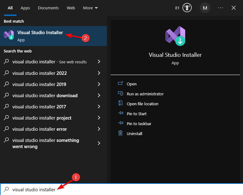 Окно поиска Windows с результатом Visual Studio Installer