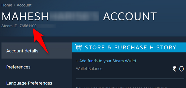 Страница аккаунта с выделенным уникальным Steam ID